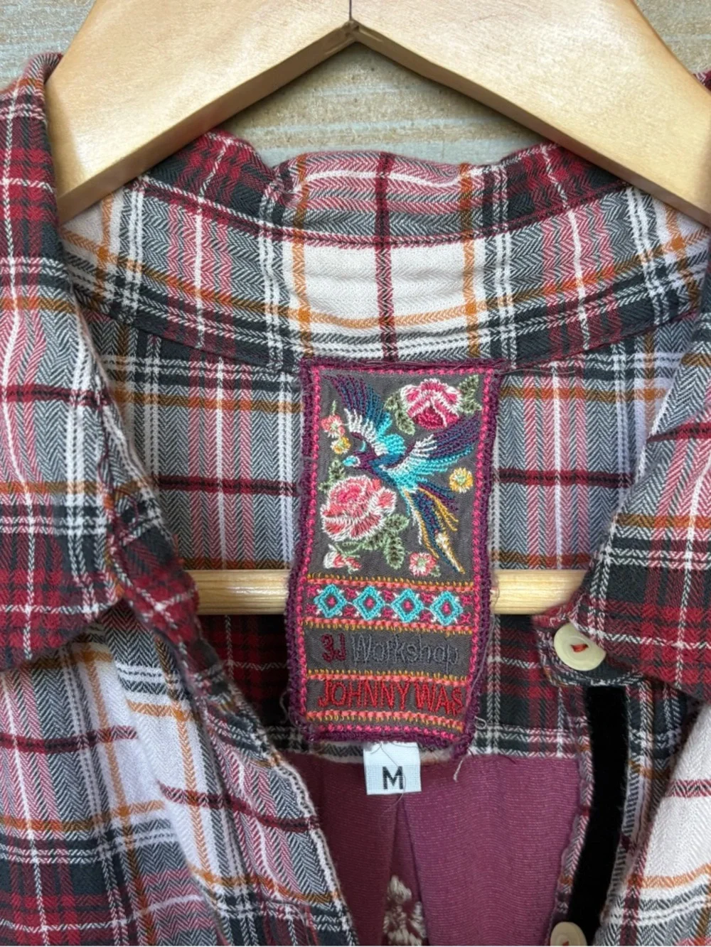 Johnny Was Velvet Floral Embroidered Plaid Button Down Western Boho Womens M - Picture 3 of 7